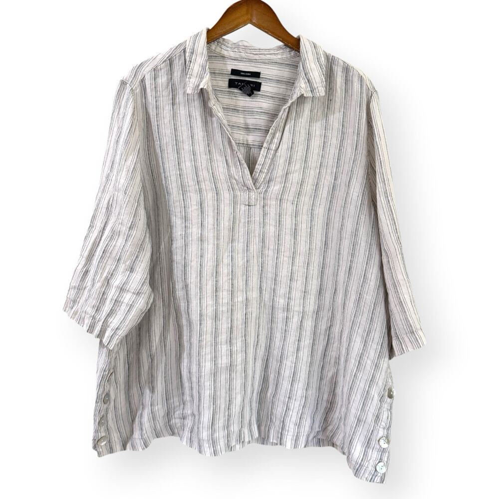 Tahari Women Linen V Neck Popover Top 2X Striped 3/4 Sleeve Side Buttons READ